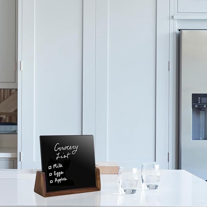 Desktop Glass Whiteboard with Walnut Wood Base,Small Dry Erase Board, Black Writing Note Pad, Desk White Board,Glassboard for Tabletop Display(Walnut Base,Glass)
