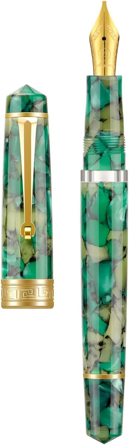 Asvine P20 Piston Fountain Pen, Stub Nib 1.1mm Calligraphy Art Drawing Green Marble Acrylic with Case Set