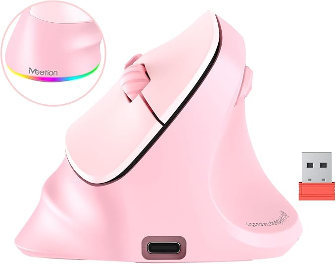 MEETION Ergonomic Mouse, Wireless Vertical Mouse RGB Backlit Rechargeable Mice for Bluetooth(5.2 + 3.0) USB, 4 Adjustable DPI Compatible Mac/Windows/Andriod/PC/Tablet/iPad Pink