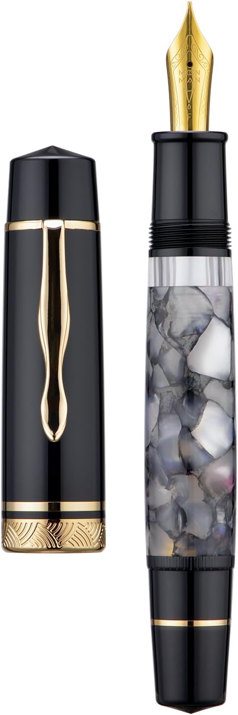 erofa Majohn P139 Fountain Pen Medium Nib Brass Piston System Large Capacity Writing Pen with Box, Gray Marble Acrylic