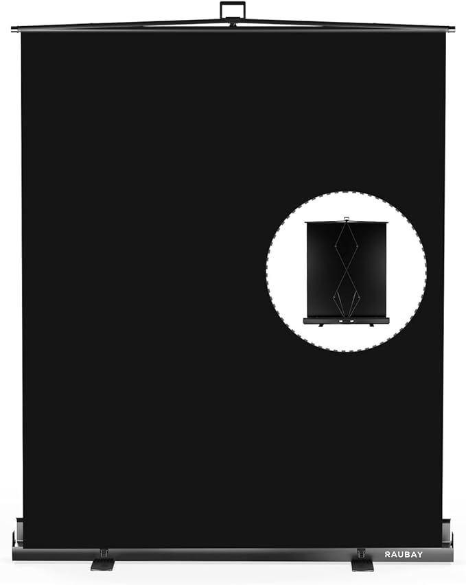 【Easy Set Up】 RAUBAY 59.8 x 82.7in Collapsible Black Backdrop Screen Portable Retractable Panel Photo Background with Stand for Video Conference, Photographic Studio, Streaming