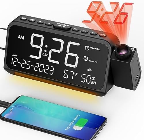 Mesqool Projection Alarm Clock Ceiling Display, with Temperature, Humidity | Dual Alarms, 5-Level Dimmer, Date, Night Light, Weekday/Weekend Mode, 12/24H, DST, , Snooze, 180° Rotatable, for Bedroom