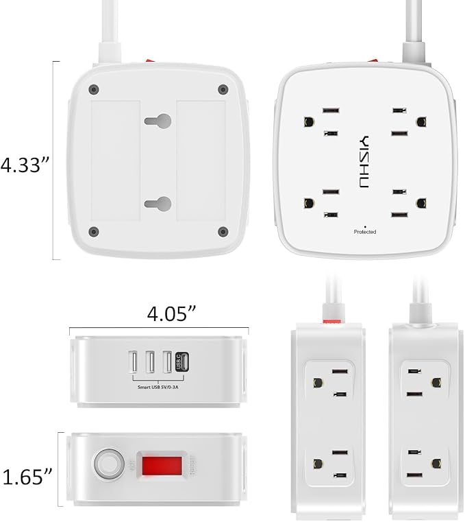 6 Ft Surge Protector Power Strip - 8 Widely Outlets with 4 USB Ports, 3 Side Outlet Extender with 6 Feet Extension Cord, Flat Plug, Wall Mount, Desk USB Charging Station, ETL,White