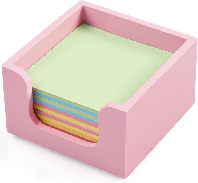 Wood Sticky Note Holder, 3 x 3 Inch Post It Note Dispenser for Office Desk Accessories, Self Stick Note Pad Holder, Memo Pad Holder Dispenser Organizer for School Office Desk Supplies, Pink