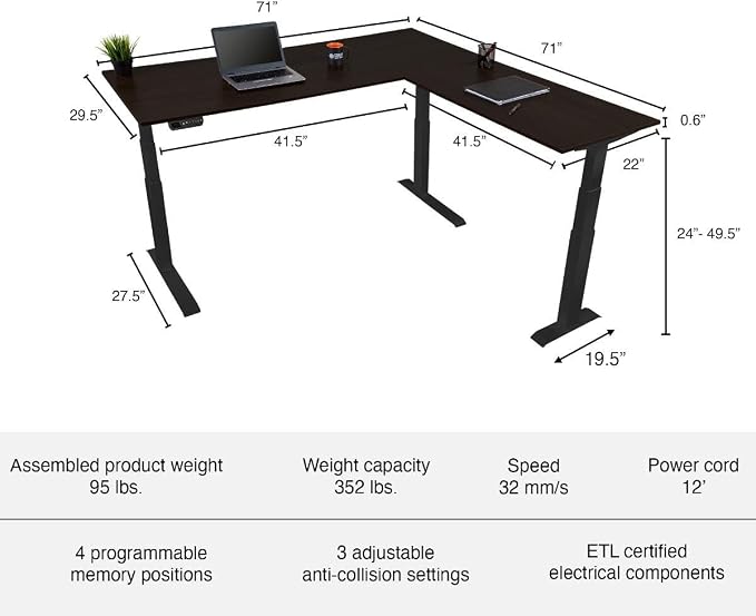 Stand Up Desk Store Triple Motor Electric L-Shaped Corner Standing Desk with EZ Assemble Frame (Black Frame/Black Top, 71" W x 71" D)