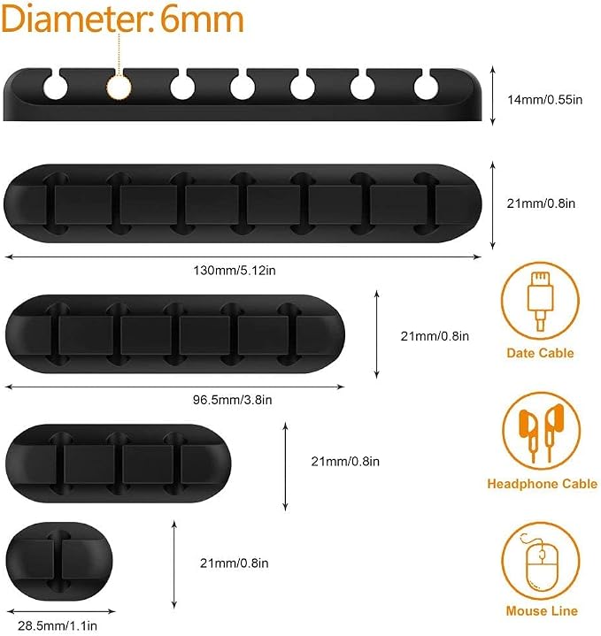 Cord Holder Cable Organizer Clips Cord Organizer for Desk, Nightstands | Self Adhesive, Office, Car, Black Silicone Cord Keeper, Cable Management, Wire Holders for phone charger Cords
