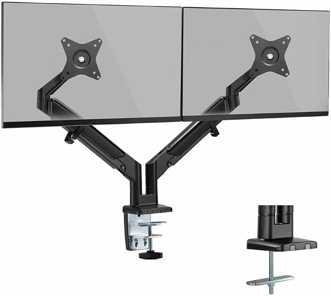 Mount-It Dual Monitor Arm Desk Mount, Low Profile Gas Spring, 17-32 in. | Fits Walls, Space Saving Steel, 19.8 lbs Each, Full Motion Height Adjustable, VESA 75x75/100x100, C-Clamp/Grommet, Black