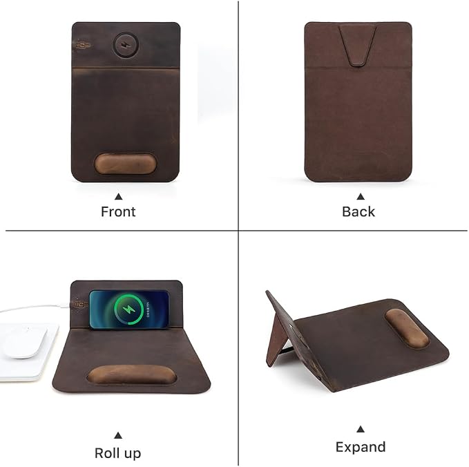 Hiram Premium Crazy Horse Leather Mouse Pad with 15W Wireless Charging - Ergonomic Wrist Rest, Waterproof, and High-End Cowhide Touch(9inx13in)
