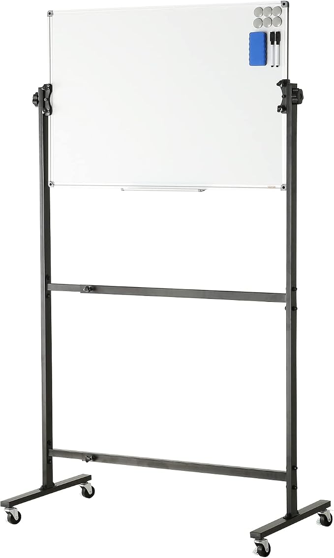 VEVOR Rolling Magnetic Whiteboard, Double-Sided Mobile Whiteboard 36x24 Inches, 360° Reversible Adjustable Height Dry Erase Board with Wheels & Movable Tray for Office, School
