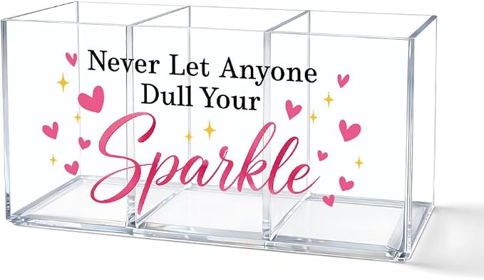 3 Compartment Pink Acrylic Pen Holder for Desk, Never Let Anyone Dull Your Sparkle Desk Organizer Decor, Back to School Inspirational Quote Gifts for Women Girl Coworker Sister Daughter Teacher
