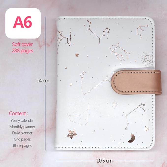 A6 Undated Daily Planner Starry Sky Journal Monthly & Daily Planner Small Diary Agenda, Self-filling Date,Mini Soft Pu Leather Cover, Size 64K 4.1" * 5.5" (White)