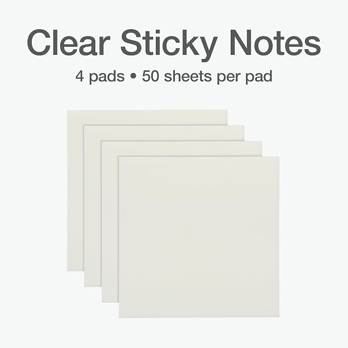 Redi-Tag Translucent Sticky Notes, Transparent Self-Stick Notes, 3" x 3", 4 Pads, 50 Notes Per Pad, 200 Sheets (1006596)