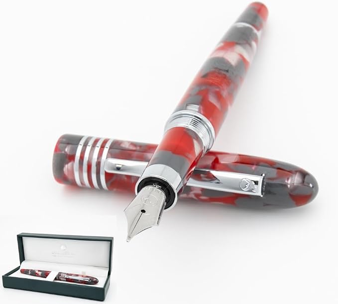 Monteverde USA Ruby Mountain Fountain Pen, Extra Fine JoWo Nib, Red Acrylic Resin, Polished Chrome Trim, Luxury Gift Box Included