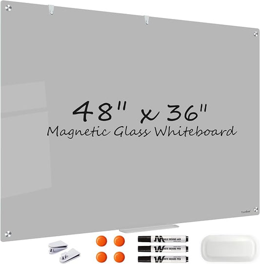 Magnetic Glass Whiteboard, TANKEE 48 x 36 Inches Glass Dry Erase Board Large White Board for Wall, Gray Frameless Whiteboard for Office School Home Classroom
