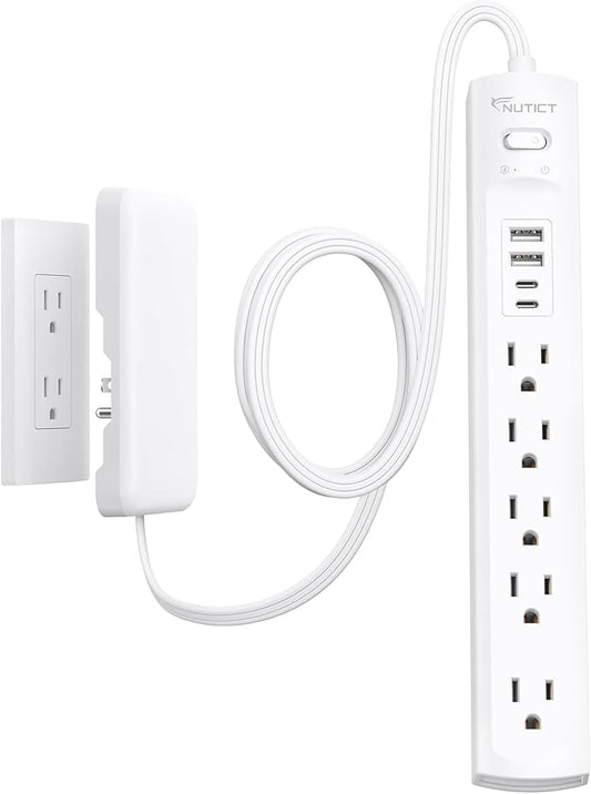 Flat Plug Power Strip 10ft, Outlet Cover Extension Cord with 5 Outlets and 4 USB Ports, 1440J Surge Protector, 10A/1250W, White Flat Wall Plug Extension Cord Ideal for Home Office Furniture