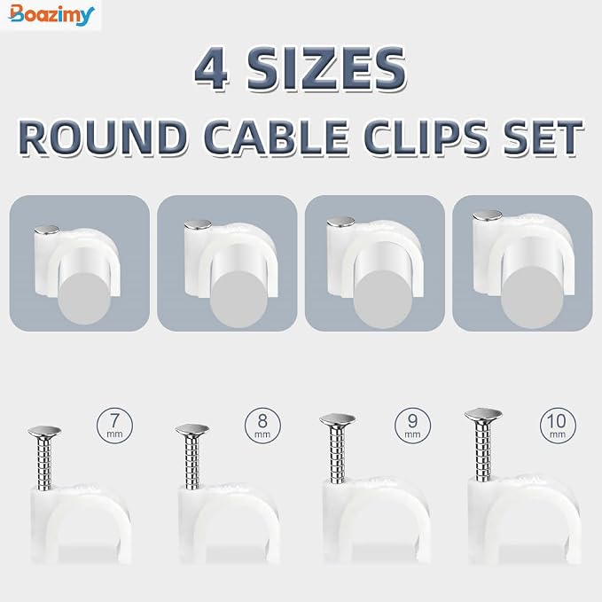 Cable Clips 400 Pcs, 7mm 8mm 9mm 10mm Nail in Wire Wall Clips with Steel Nails, Ethernet Cable Management Organizer, Coax Cable Tacks for Cat6 RJ45 Speaker Wire TV Cords - White