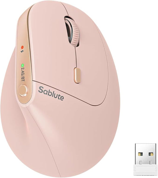 SABLUTE MAM3 Ergonomic Mouse, Vertical Mouse for Small and Medium Hands | Wireless Mouse with 3-Device Bluetooth, Rechargeable Battery and 4 Adjustable DPI for Laptops, Windows and MacOS, Pink