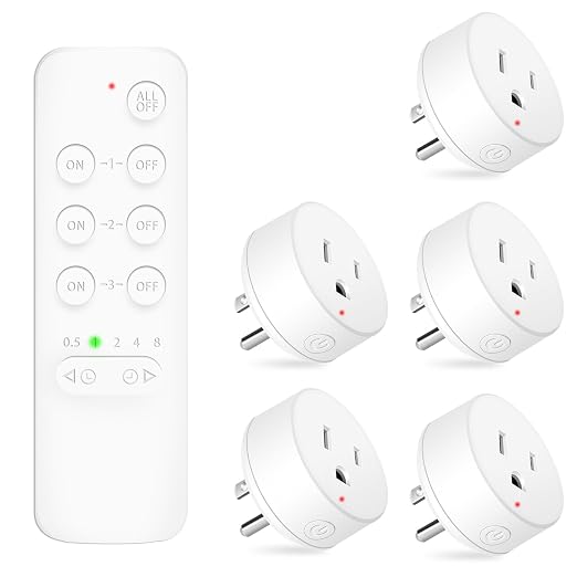 NineLeaf Remote Timer Outlet, Wireless Remote Control Plug Programmable, 500FT Long Range, 15A/1500W Plug in Light Switch, No Wiring Needed for Lamps, Fans, Christmas Lights,1Remote 5Outlets