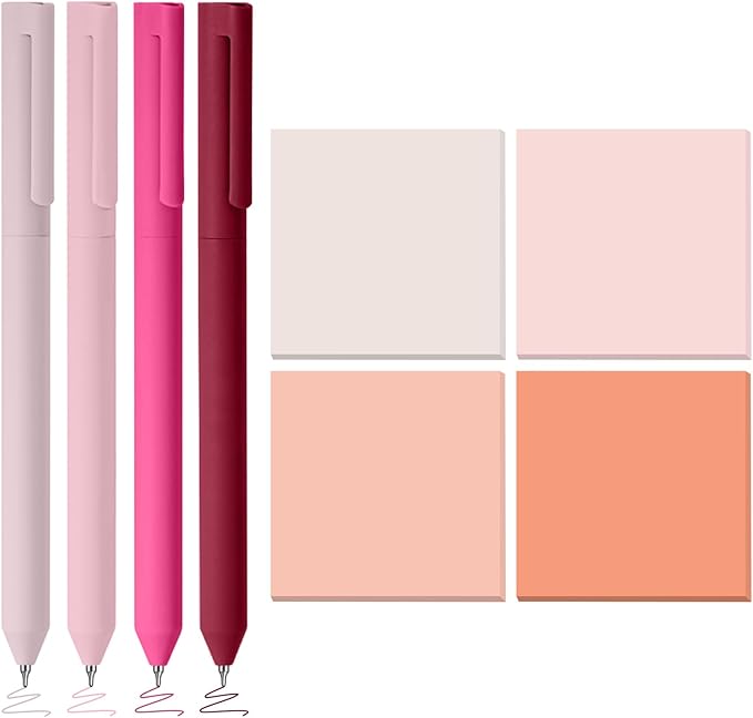 BAYTORY 320 Sheets Gradient Sticky Notes, 4 Pcs Rotatable Colored Gel Pens, Aesthetic Self-Stick Note & Multicolored Ink Pen, Colorful Memo Pads Easy to Post for Note Taking (Gradient Pink)