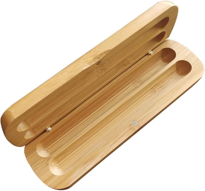 Bamboo Pen Box with Two Pen Slots - Eco-Friendly Wooden Pencil Case Organizer for Desk Supplies and Stationery Storage at Home and Office
