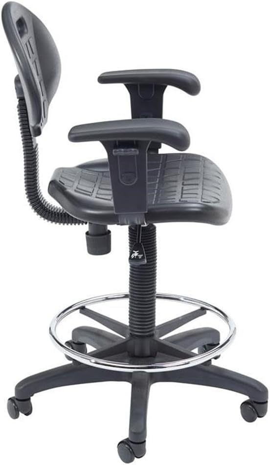 Pemberly Row Modern Polyurethane Task Chair with Arms, Adjustable 22-32 in Height, Black Finish, Heavy Duty Steel Frame, Waterfall Seat, Ribbed Design, Home Office or Industrial Desk Chair