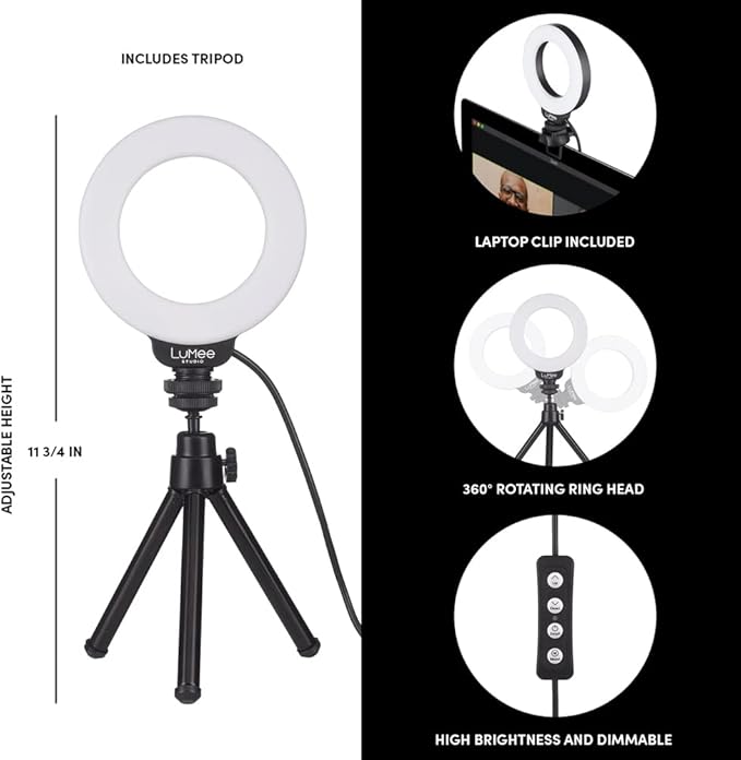 LuMee Studio - Ring Light with Tripod Stand - 4 Inch - Tripod and Laptop Clip Included - Black