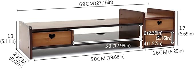 Bamboo Desk Monitor Stand with Drawer Wooden Computer Stand for Desk Monitor Riser with Storage for Laptop, PC Screen, TV, Printer, 3 Drawers + Hidden Keyboard Space
