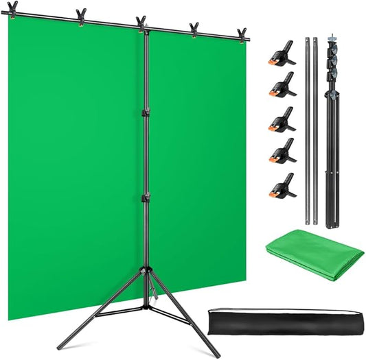 Green Screen Backdrop Kit, 5 x 6.5 ft Portable Chromakey Green Screen with T-Shaped Stand & Carrying Bag & 5 Clamps, Greenscreen Background for Streaming, Gaming, Zoom