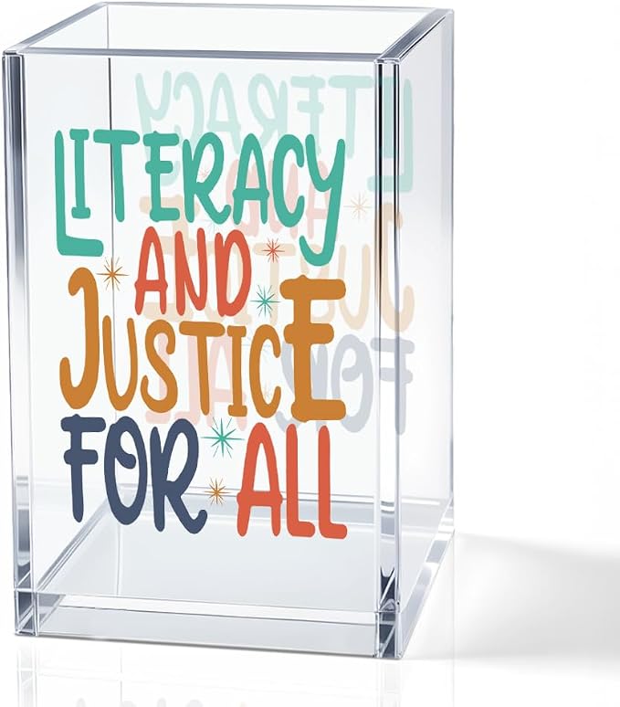 Literacy And Justice For All Acrylic Makeup Brush Pencil Holder Cup | Social Justice Gifts for Women Sister Friend Coworker, Stop Book Banning Protect Librarian, Pen Holder for Desk Accessories