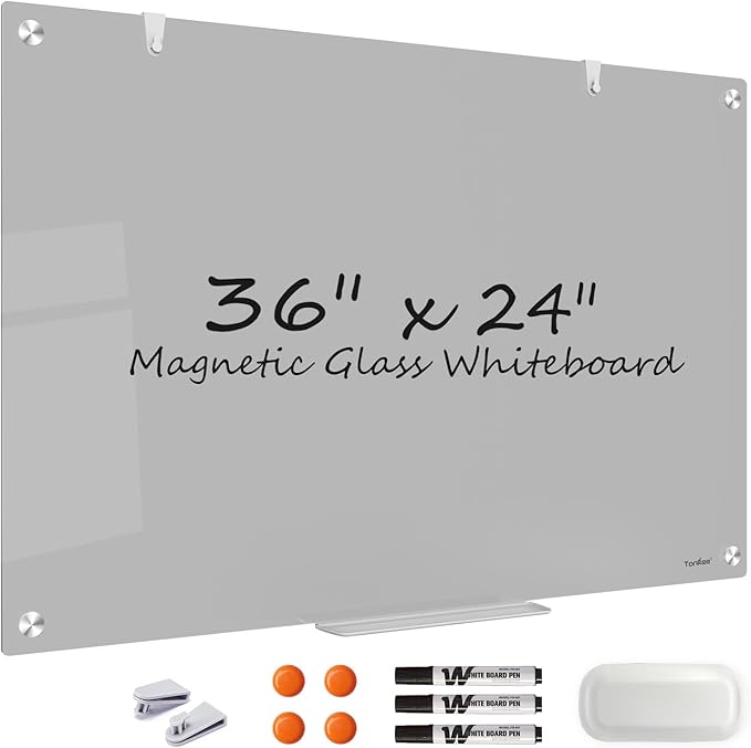 Glass Whiteboard for Wall, TANKEE 36 x 24 Inches Magnetic Glass Dry Erase Board, Frameless Large White Board for Office School Home Classroom, 3x2 Feet