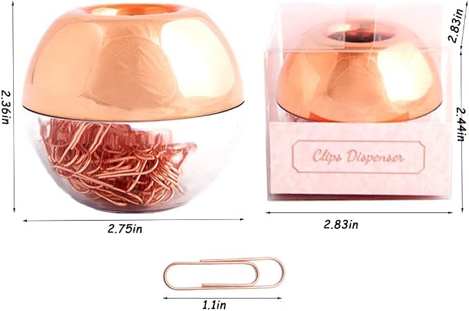 Rose Gold Magnetic Paper Clip Dispenser with 100pcs 1.1" Medium Paper Clips, Acrylic Holder for Office Decor
