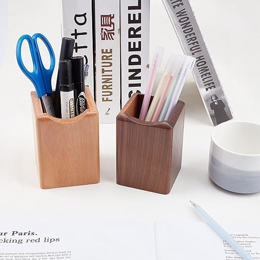 Wooden Pen Holder for Desk, 2 Pack Natural Wood Pencil Cup Holder – Office Desk Accessories Organizer, Makeup Brush Holder, Kids Crayon Marker Caddy, Eco-Friendly (2 Pack - 1 Beech + 1 Walnut))