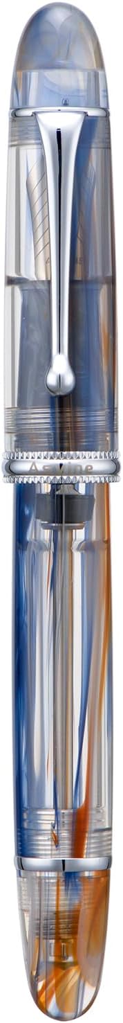Asvine V800 Fountain Pen -Vacuum Filling System with Large Ink Capacity - Number 8 Stub Nib 1.1mm Calligraphy Art Drawing with Wrench Gift Set - Blue Brown