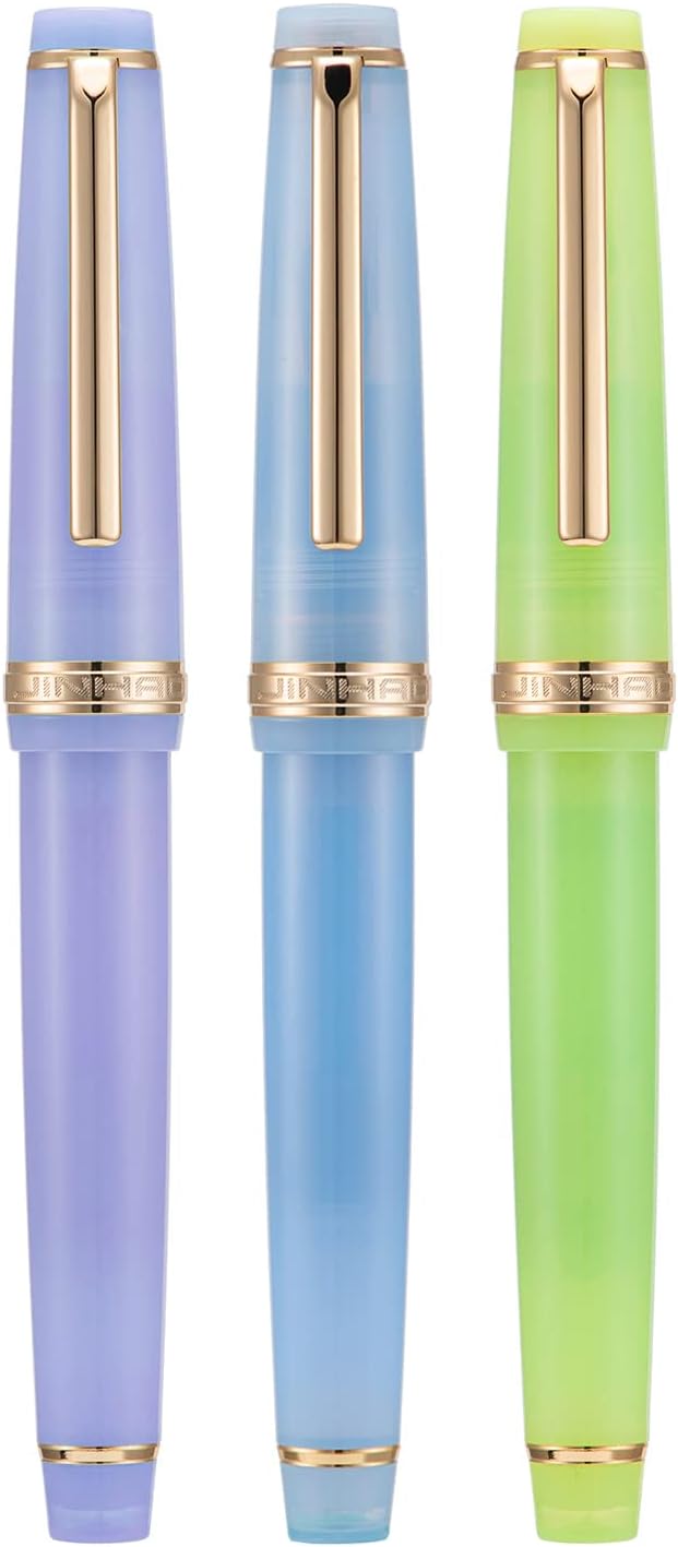 3 Jinhao 82 Fountain Pen Transparent Purple, Blue and Green Acrylic, Medium Point Gold Trim with Converter Set