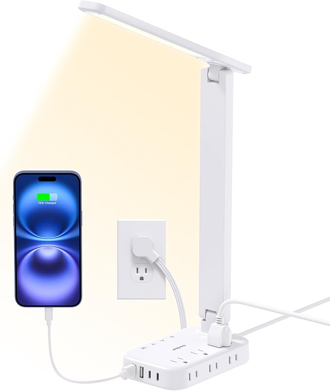 One Beat Desk Lamp with 6 AC Outlets & 4 USB Ports (2 USB-C), Touch Control LED Lamp, 4 Color Modes 5 Brightness Levels,Eye-Caring Reading Lamp,5ft Cord,Home Office College Dorm Room Essentials