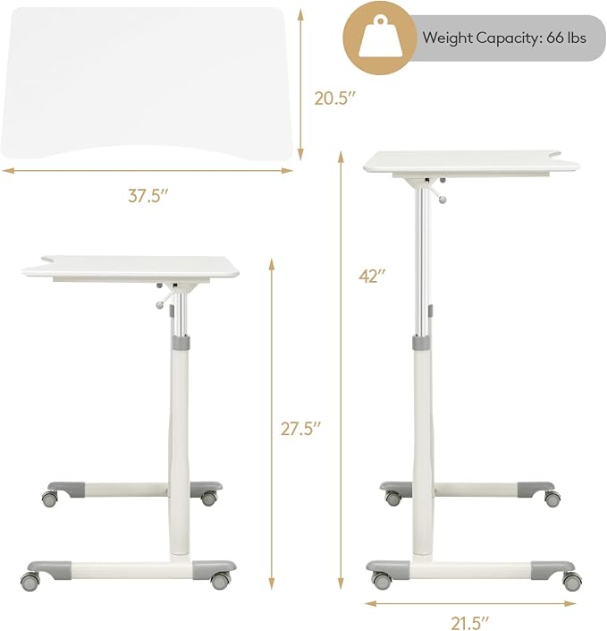 COSTWAY Mobile Height Adjustable Standing Desk, Compact Pneumatic Sit to Stand Computer Desk w/Lockable Casters, Ergonomic Rolling Laptop Table w/Steel Frame for Home Office (White)