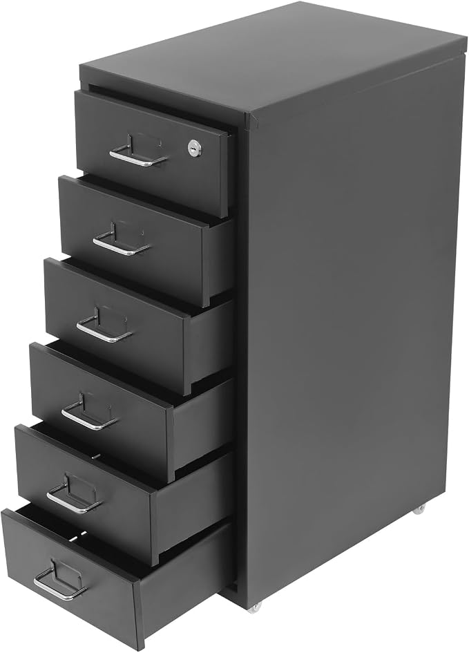 6 Drawer File Cabinet with Lock, Freestanding Filing Metal Drawers Organizer Vertical Metal Rolling Organizer Movable Under Desk Cabinet with Wheels for Home Office Living Room Study (6 Tiers Black)