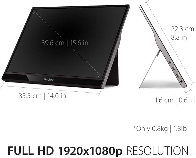 ViewSonic VG1655 15.6 Inch 1080p Portable Monitor, IPS Display with Eye Care for Comfortable Mobile Workspaces and Second Screen Productivity, Built-in Stand, 60W USB-C, and mini HDMI Inputs