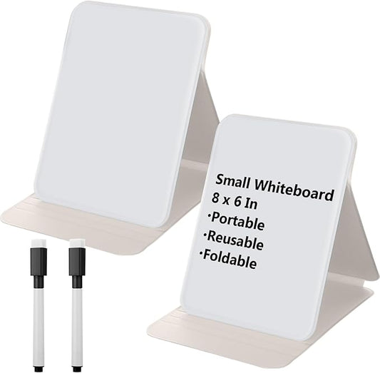 2 Pcs Small Glass Desktop Whiteboard with Reversable Stand 8 x 6 Inch Mini Dry Erase White Board Easel with 2 Markers Reusable Desk Notepad for Home Office School Supplies (White)