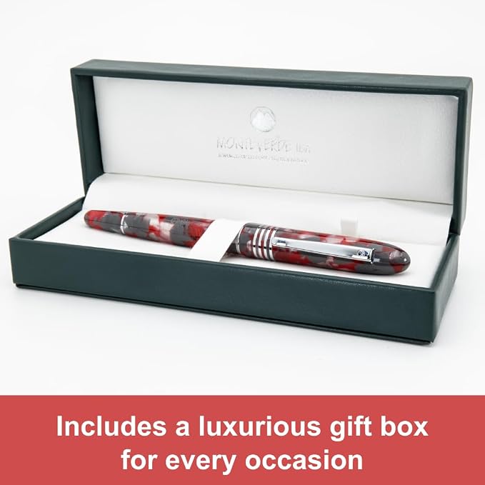 Monteverde USA Ruby Mountain Fountain Pen, Broad JoWo Nib, Red Acrylic Resin, Polished Chrome Trim, Luxury Gift Box Included