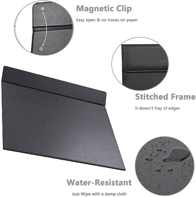 KINGFOM 18''x14'' Large Rectangle A3 Desk Writing & Drawing Desk Pad &Board Table Protector Mat with Paper Clip on Top Black