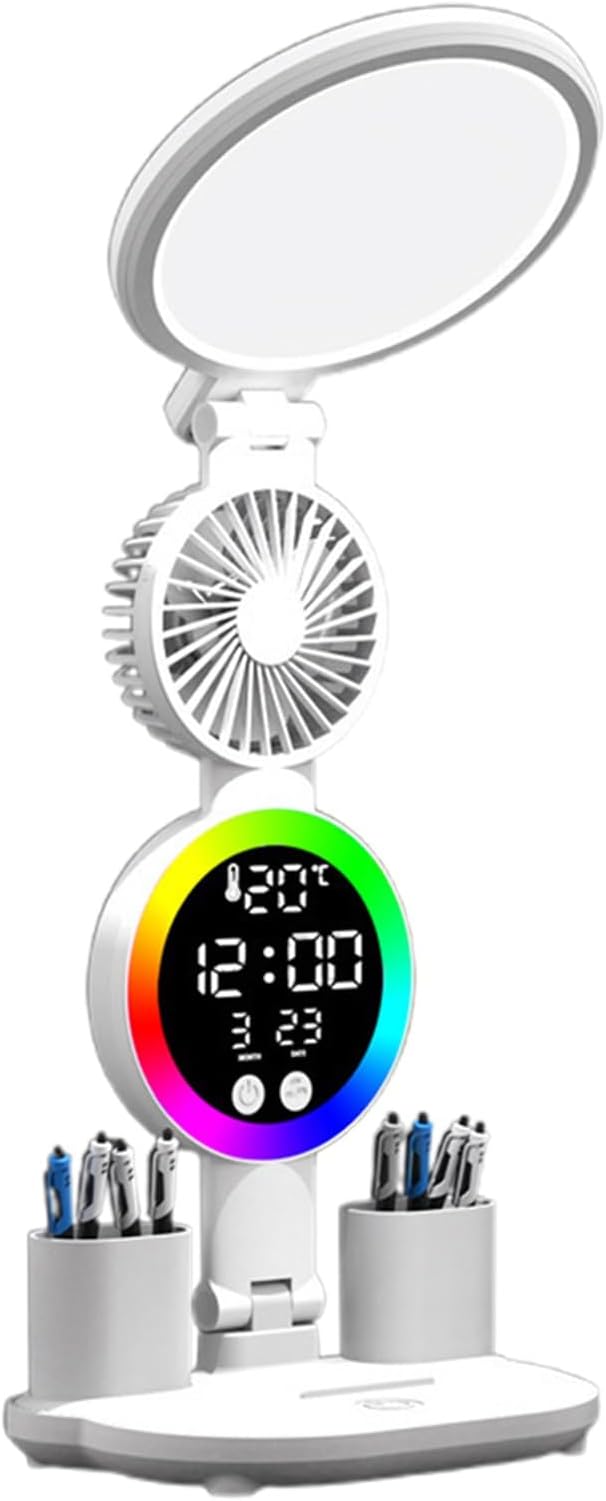 ikaufen Multifunctional LED Desk Lamp with Cooling Fan Digital Time Temp Display 3 Color Mode Stepless Dimmable Eye-Caring Table Light Foldable Pen Holders USB Type-C (Round Light, Touch)