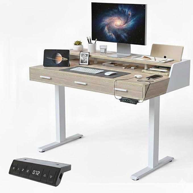 CubiCubi Standing Desk 48x26 Inches with 3 Wood Drawers and Monitor Shelf, Ergonomic Rising Home Office Desks, Height Adjustable Computer Desk, Sit Stand Up Electric Workstation Table, Light Walnut