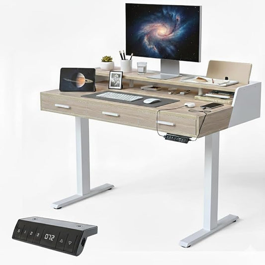 CubiCubi Standing Desk 48x26 Inches with 3 Wood Drawers and Monitor Shelf, Ergonomic Rising Home Office Desks, Height Adjustable Computer Desk, Sit Stand Up Electric Workstation Table, Light Walnut