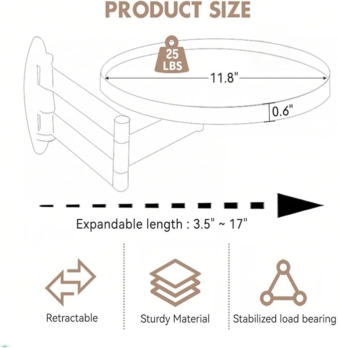 Retractable Wall Mount Folding Table, Adjustable Wall Mounted Coffee Table, Balcony Coffee Table, 11.8 Inch Round Wooden Tabletop, Acacia Brown, Adjustable Angle, Space-Saving Design (black, small)