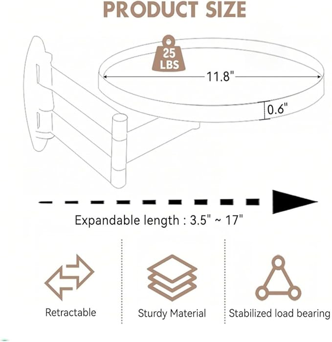 Retractable Wall Mounted Folding Table, Adjustable Sofa Floating Table Balcony Coffee Table, 11.8 Inch Round Wooden Tabletop, Space Saving Design, Adjustable Angle, Acacia Brown (Black)