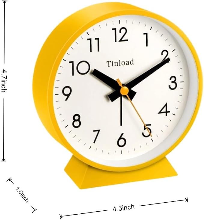 Tinload 4.5" Battery Operated Antique Retro Analog Alarm Clock, Small Silent Bedside Desk Clock,Lighted on Demand, Battery Operated, Snooze, for Living Room, Bedroom, Bedside, Desk(Yellow)