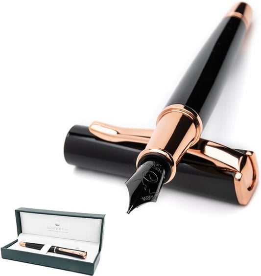 Monteverde USA Impressa Fountain Pen Black with 18 Karat Rose Gold Trim - Stub Point - JoWo German Nib