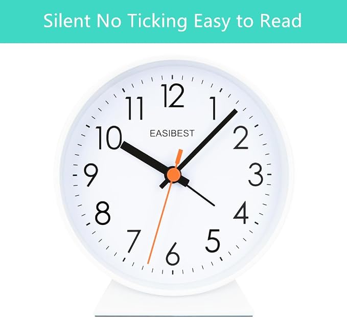 No Ticking Silent Alarm Clock,Easy to Read and Use,Ascending Sound,1 AA Battery Operated,Snooze Light,Bedside Desk Clock,White