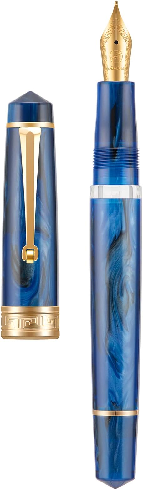Asvine P20 Piston Fountain Pen Galaxy Blue Resin, Iridium Extra Fine Nib Gold Trim Smooth Writer Collection with Case Set
